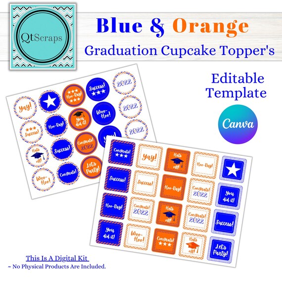 Blue & Orange Graduation Cupcake Toppers 2022 Graduation Etsy