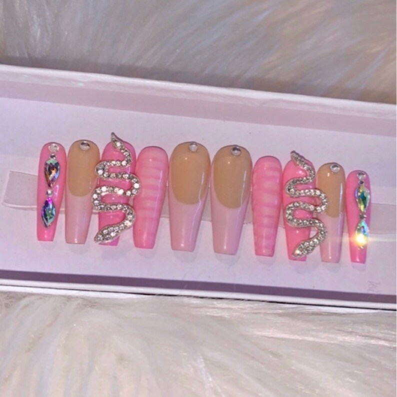 Barbie Pink French Tip Snake Luxury Bling Long Press on - Etsy