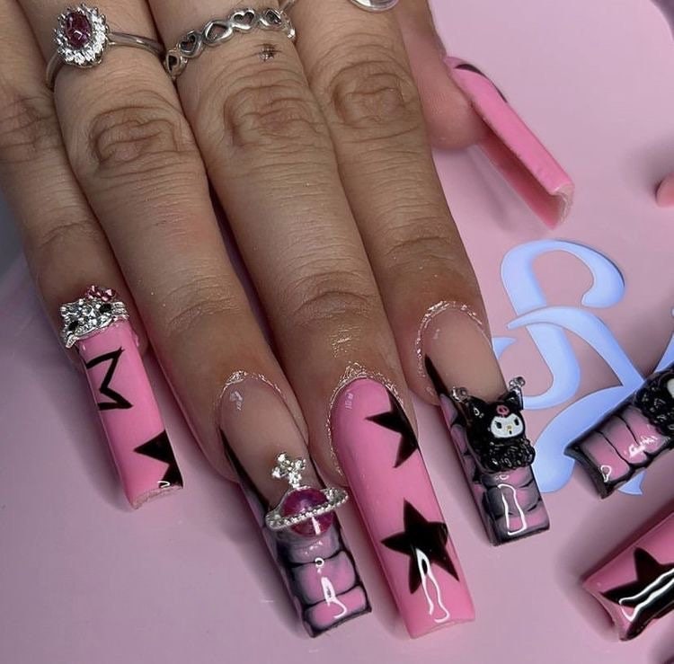 Hot Pink & Black Emo/y2k French Tip Press on Nails With Charms and Zebra  Stripes Valentines Day 2024 Gift 