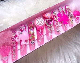 Kawaii Barbie | Pink Y2k Luxurious Nails | Baddie Glitter Glossy Press On Nails With Bling & Charms