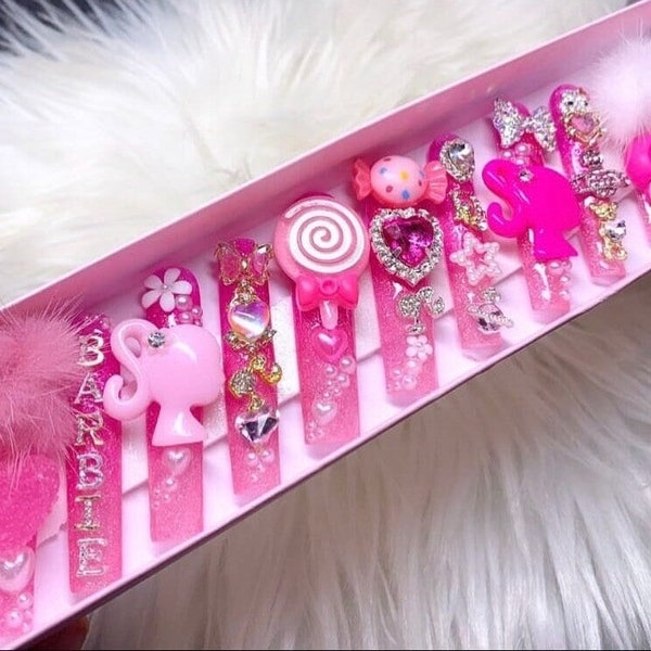 Kawaii Barbie | Pink Y2k Luxurious Nails | Baddie Glitter Glossy Press On Nails With Bling & Charms