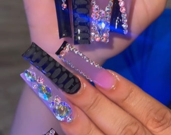 Baddie Black Frenchies & Bling | Luxury 3D Crocodile y2k glossy French tip press on nails with gems