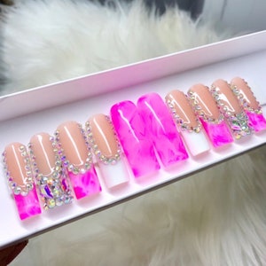 Luxury Bling French Tip Marble Press on Nails Y2k Pink & - Etsy