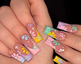 Y2k Summer Pastel French Tips & Flowers | Luxury cute matte press on nails