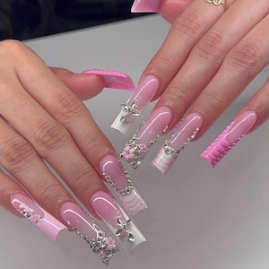 Pink & White French Tips With Crosses and Bling | Coquette milky cute y2k kawaii press on nails