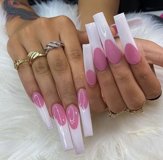 Pink and white french nails, hearts | Pink acrylic nails, Pink tip nails, Nail  designs valentines