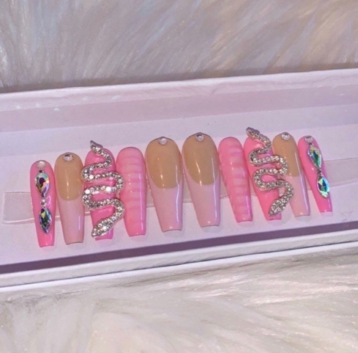 Barbie Pink French Tip Snake Luxury Bling Long Press on - Etsy