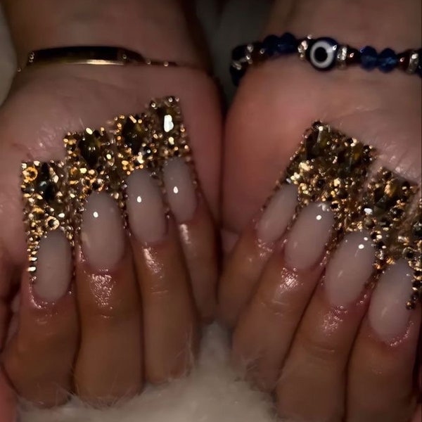 Gold Bling French Tips | Baddie Luxury Y2k rhinestone press on nails