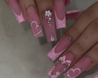 Matte Pink Luxuy Glitter French Tips & Hearts | Baddie spring press on nails