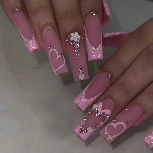 Matte Pink Luxuy Glitter French Tips & Hearts | Baddie spring press on nails