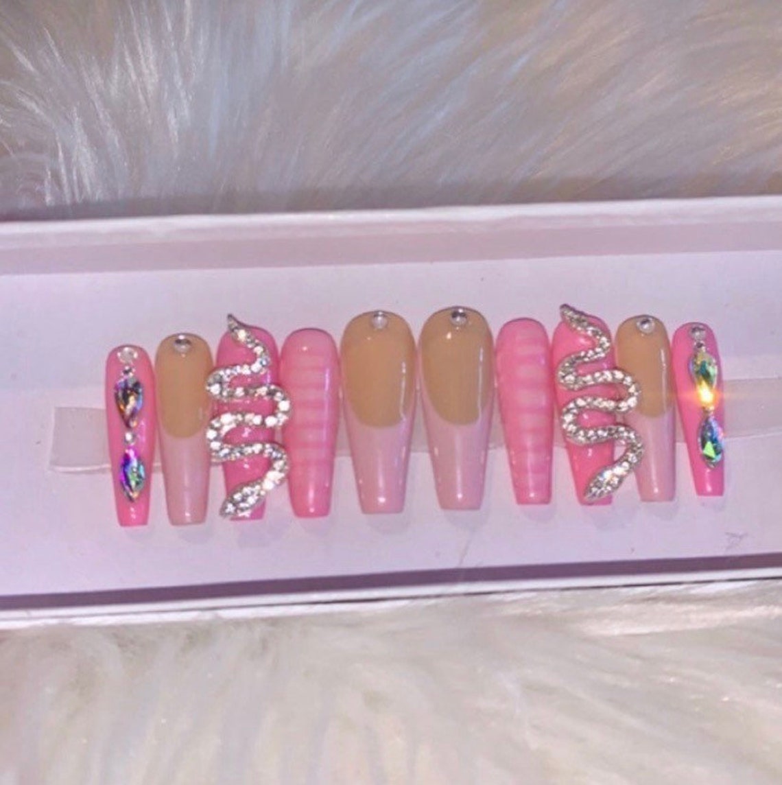 Barbie Pink French Tip Snake Luxury Bling Long Press on - Etsy