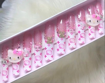 Luxury Kawaii Y2k Pink & White French Tips | Glossy pink bling press on nails with charms