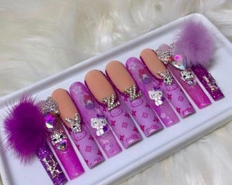 Kawaii Purple Y2K Freestyle | glossy and glitter french tip press on nails with charms & bling