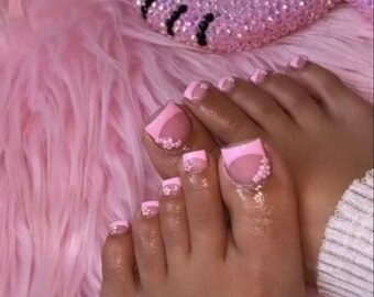 Pink French Tips With Flowers | Luxury Glossy Y2k Kawaii Press On Toe Nails