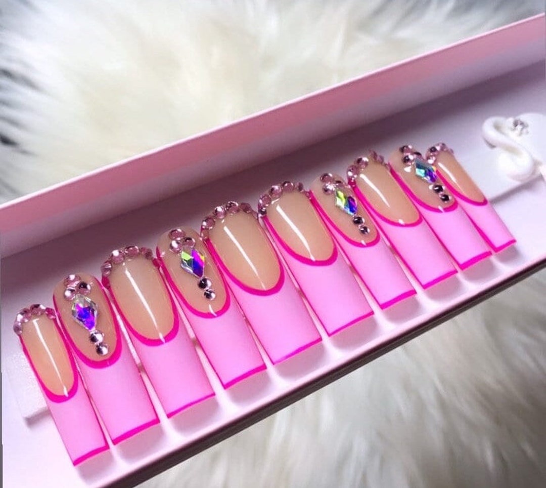 Barbie Girl Pink Bling Baddie French Tips Luxury Glossy Y2k Kawaii ...