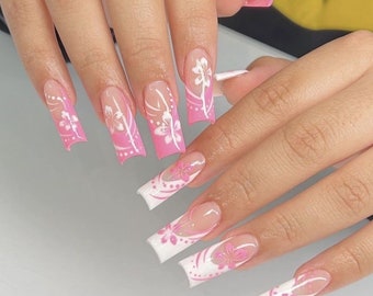 Summer Pink & White Frenchies With Hibiscus Flowers | Luxury Press On Nails With Nailart