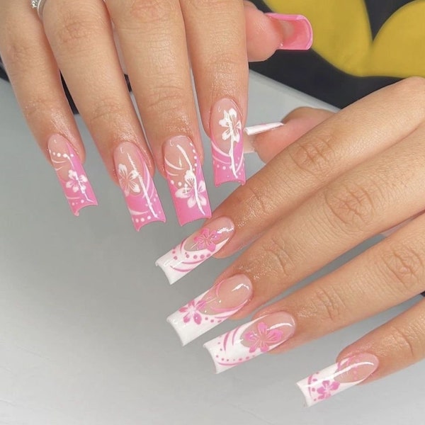 Summer Pink & White Frenchies With Hibiscus Flowers | Luxury Press On Nails With Nailart