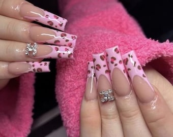 Y2k cheetah pink frenchies | Luxury charm glossy Kawaii press on nails