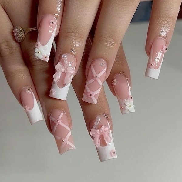 Coquette Babygirl | Spring White & Pink French Tips | Luxury glossy cute bows press on nails