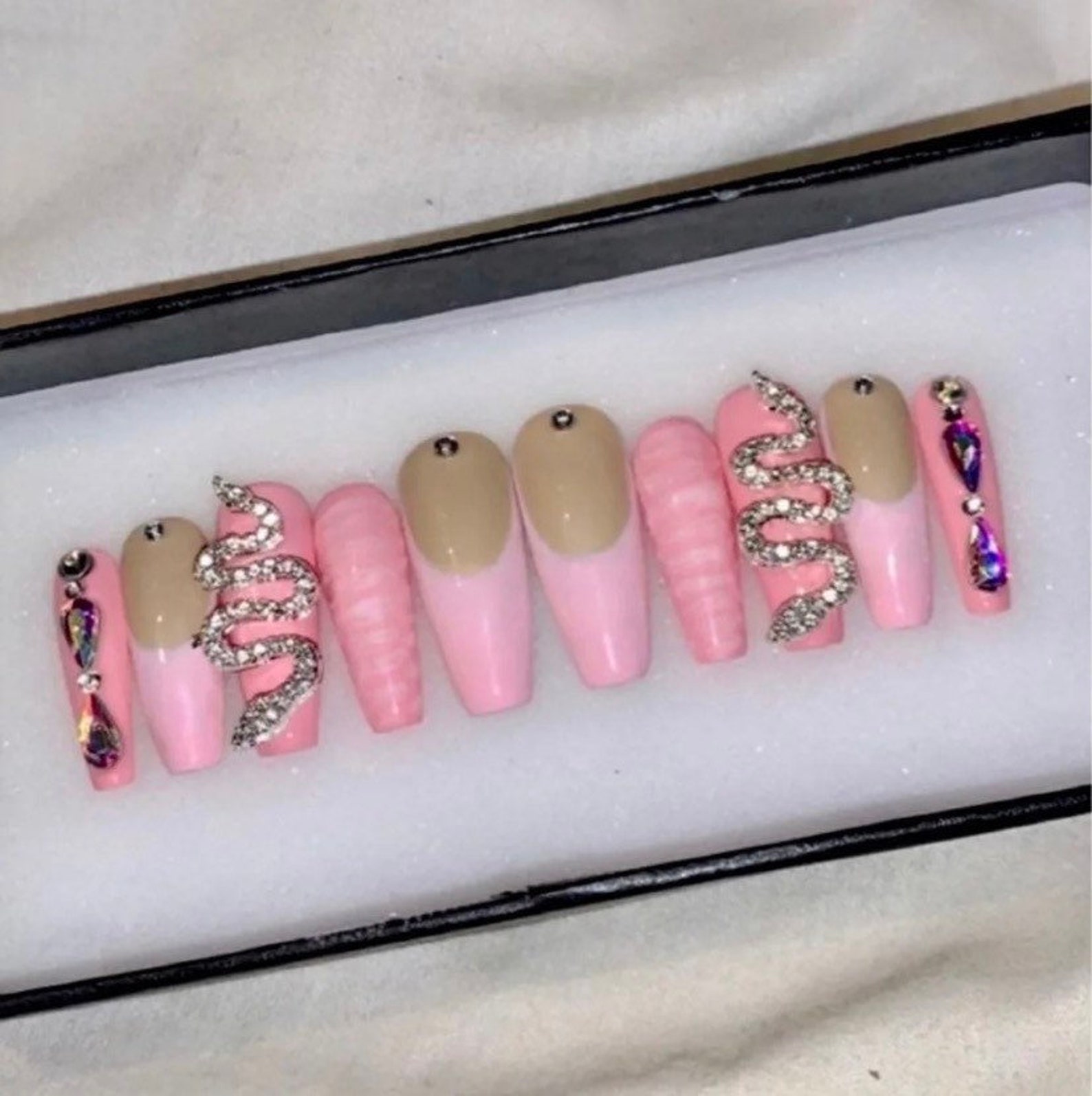 Barbie Pink French Tip Snake Luxury Bling Long Press on - Etsy