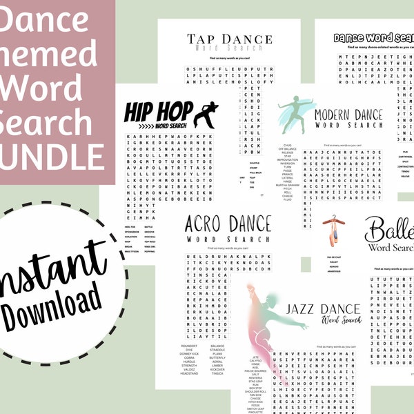 Dance-Themed Word Search 7 Page Bundle, Kids Printable Activities