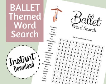 Ballet Themed Word Search, Instant Download, Printable Worksheet for Dance Teacher