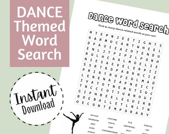 Dance-Themed Word Search, Instant Download, Printable Worksheet for Dance Teacher