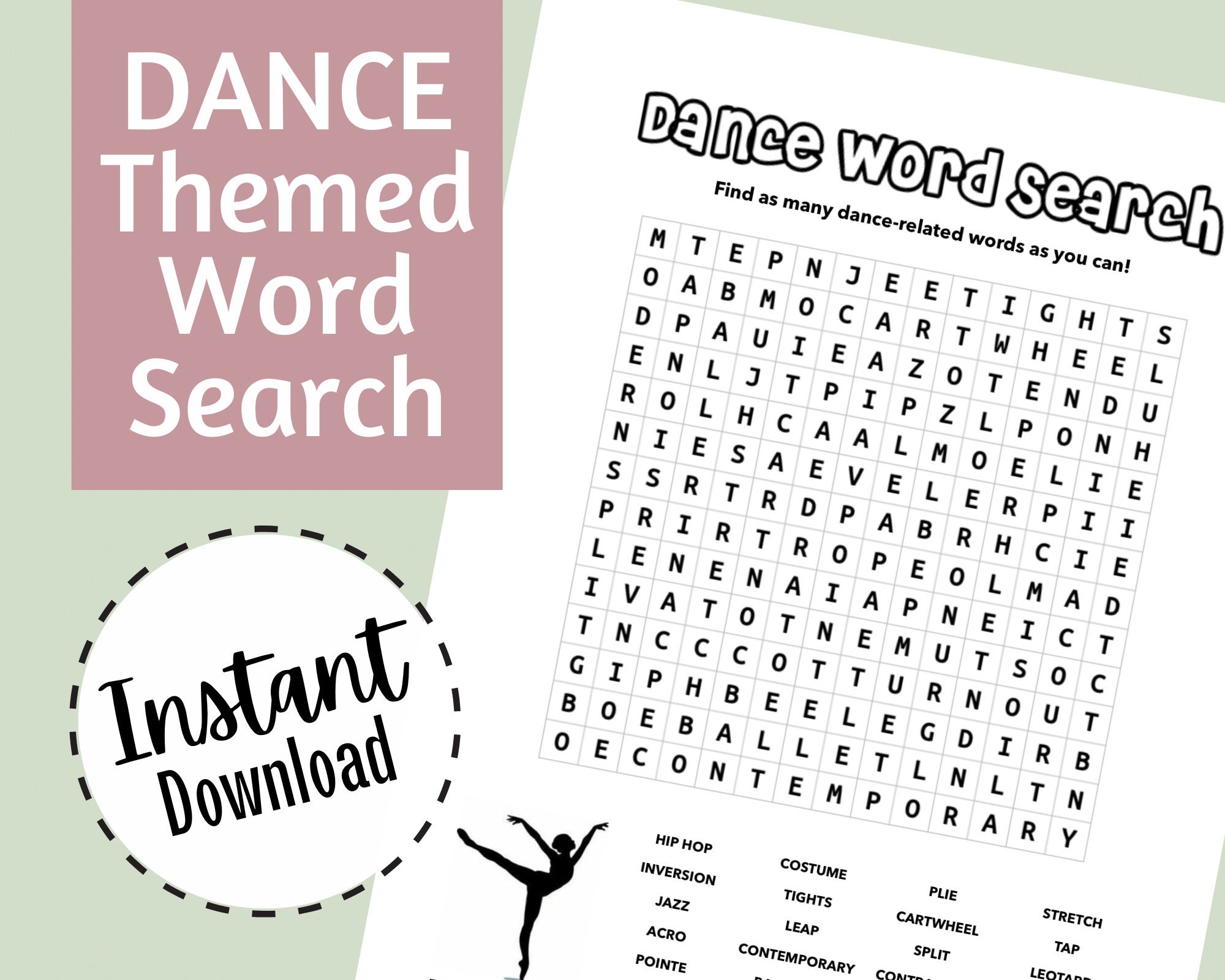 Dance-Themed Word Search, Instant Download, Printable Worksheet for Dance Teacher