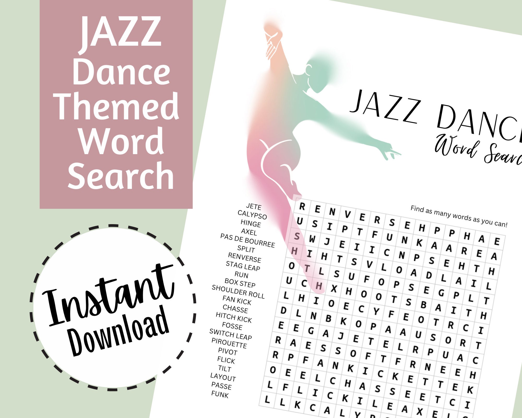 Jazz Dance Word Search, Printable Kids Activity