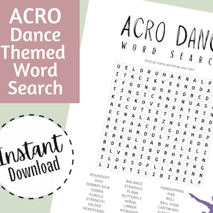 Acro Dance Word Search, Printable Dance Activity