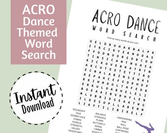 Acro Dance Word Search, Printable Dance Activity