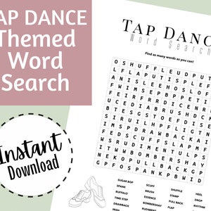 Tap Dance Themed Word Search, Instant Download PDF, Dance Teacher Materials