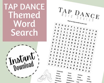 Tap Dance Themed Word Search, Instant Download PDF, Dance Teacher Materials