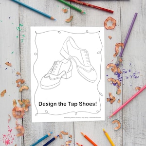 Puede incluir: Un dibujo en blanco y negro de un par de zapatos de claqué. Los zapatos son de estilo sencillo con cordones y punta redonda. El texto "Design the Tap Shoes!" está debajo de los zapatos.