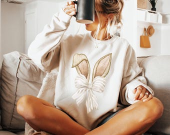 Coquette Bunny Ears Sweatshirt, Cute Easter Bunny Shirt, Aesthetic Soft Girl Spring Outfit, Rabbit Sweatshirt, Pastel Easter Gift for Women