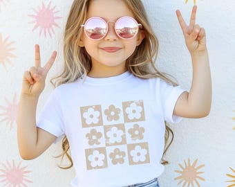 Comfort Colors® Checkered Flowers Youth Shirt Retro Flowers Youth T-Shirt Boho Floral TShirt Spring T Shirt Trendy Floral Oversized Tee