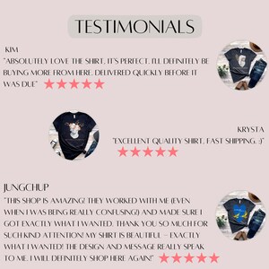 May include: Three customer testimonials for a clothing shop. The first testimonial reads "Absolutely love the shirt, it's perfect. I'll definitely be buying more from here. Delivered quickly before it was due." The second testimonial reads "Excellent quality shirt, fast shipping." The third testimonial reads "This shop is amazing! They worked with me (even when I was being really confusing!) and made sure I got exactly what I wanted. Thank you so much for such kind attention! My shirt is beautiful - exactly what I wanted! The design and message really speak to me. I will definitely shop here again!" Each testimonial includes a five-star rating and a photo of a person wearing a shirt from the shop.