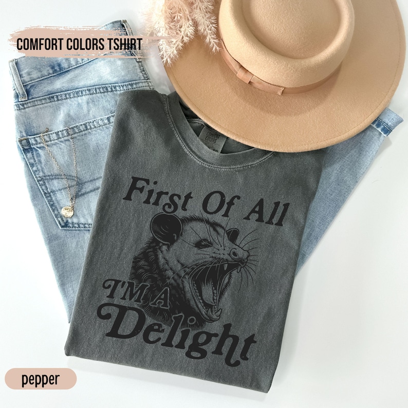 May include: A gray t-shirt with a black and white illustration of a possum with the text "First Of All I'm A Delight".