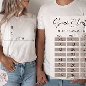 May include: Size chart for Bella + Canvas 3001 t-shirts, showing measurements in inches for width and length for sizes XS to 4X.