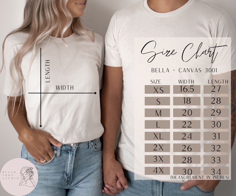 May include: Size chart for Bella + Canvas 3001 t-shirts, showing measurements in inches for width and length for sizes XS to 4X.