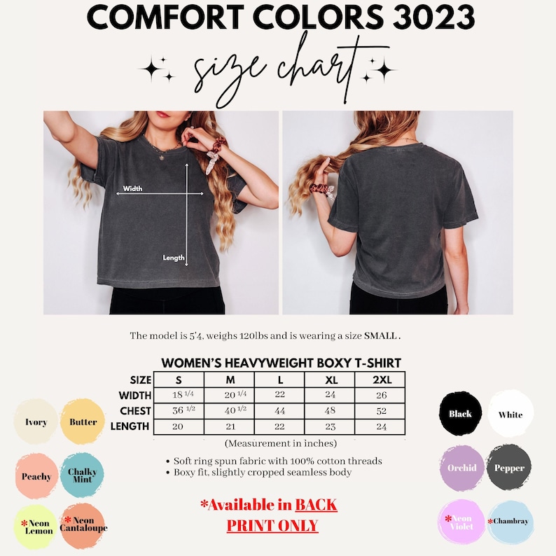 Peut inclure: Un tableau des tailles pour t-shirt boxy &eacute;pais Comfort Colors 3023 montrant des vues avant et arri&egrave;re d'un t-shirt gris anthracite. Inclut un tableau avec les mesures de largeur, poitrine et longueur en pouces pour les tailles S &agrave; 2XL et douze pastilles de couleur.