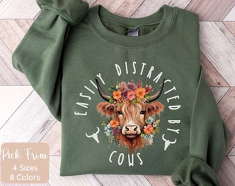 Easily Distracted By Cows Shirt,Cow Sweatshirt,Aesthetic Sweater,Funny Cow Shirt,Farm Love Shirts,Farm Animal Tshirt,Humorous Saying Sweater