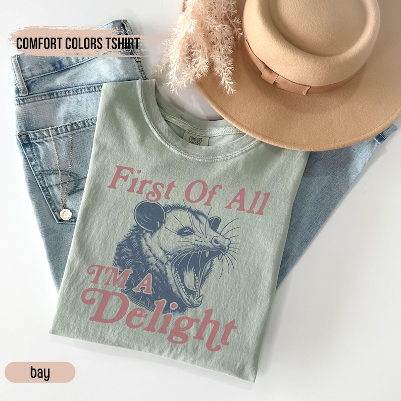 May include: A light green t-shirt with a graphic of a possum with the text "First Of All I'm A Delight" in pink.