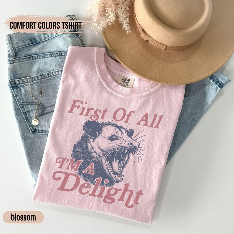 May include: A pink t-shirt with a graphic of an opossum with the text "First of All I'm a Delight" printed on it. The shirt is laid out on a pair of blue jeans and a brown hat.