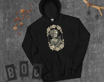 Sweat à capuche victorien squelette chat noir | Cadre rose gothique