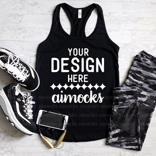 Black Racerback Tank Top Mockup, 1533 Next Level Ideal Mock up, Summer Outfit Mockup, Gym Workout Tank Top Flat Lay, Black Running Tank Top