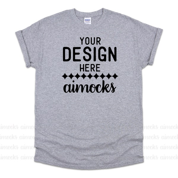 Sport Grey Gildan T-shirt Mockup, Grey Flat Lay Women Style Rolled-up Sleeves