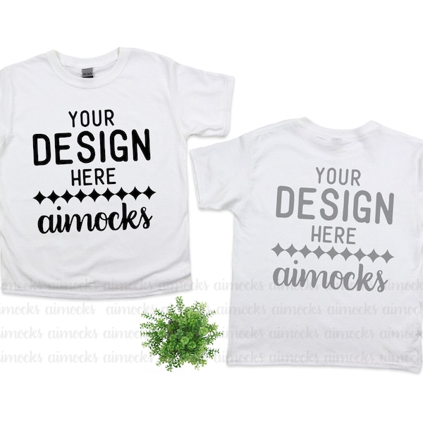 White T-shirt Mockup for Kids, Youth Front and Back Flat Lay T-shirt Mockup, Youth 500B Gildan Mock up, Kids Sublimation White Shirt Mockup