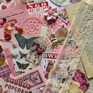 Vintage Grab Bag, 70 Pieces, Journal Paper, Scrapbooking, Authentic Vintage Ephemera, Journal Embellishments, Collage, Vintage Journal, Pink
