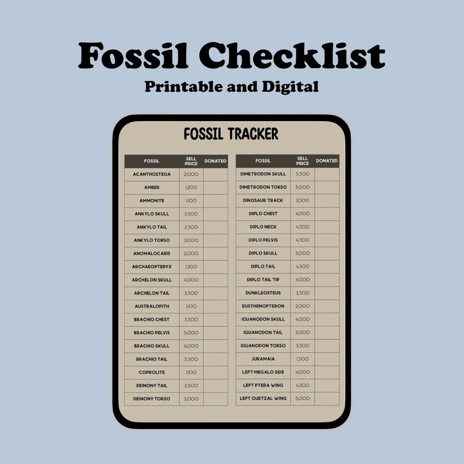 ACNH Fossil Checklist 2.0 Update Fossil List Fossil Etsy
